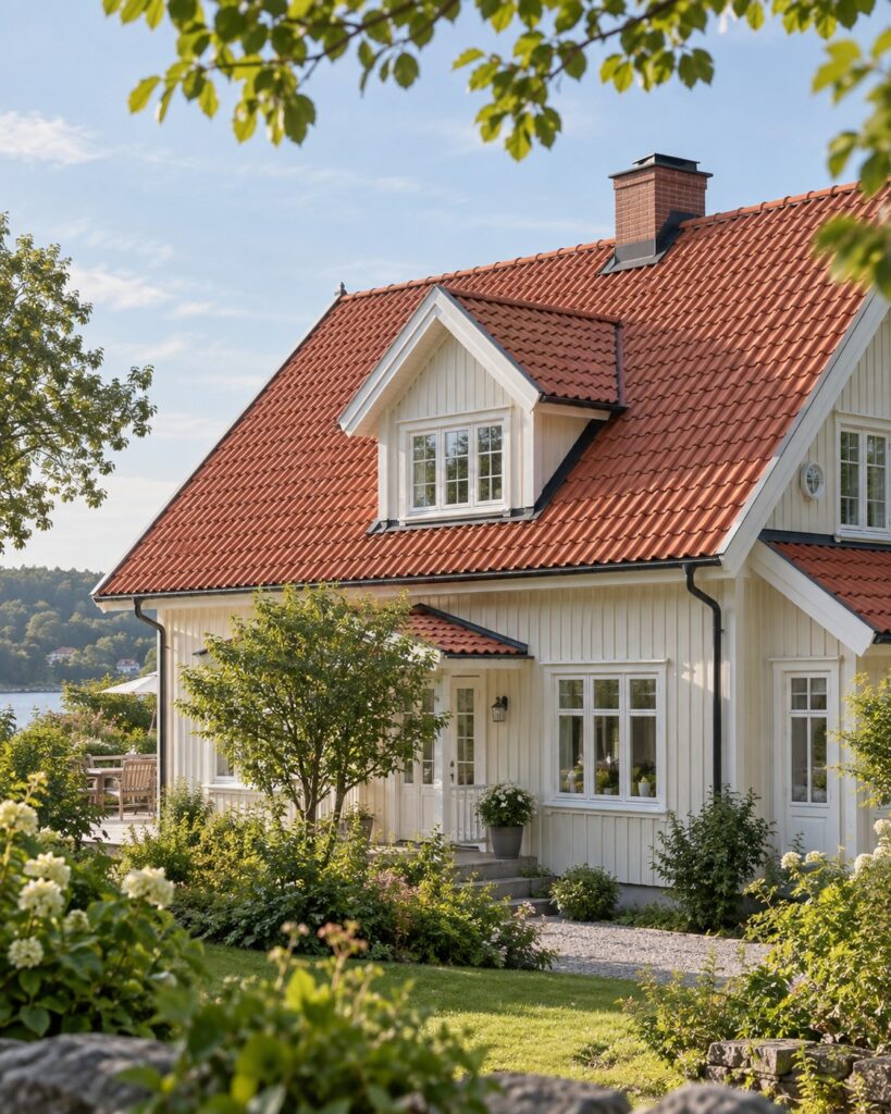 Ljus villa med rött tegeltak och grönskande trädgård